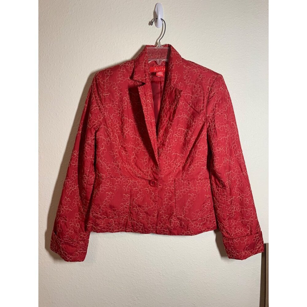 A Line Blazer Floral Embroidered Business Casual Office Retro Red Women's Size 8